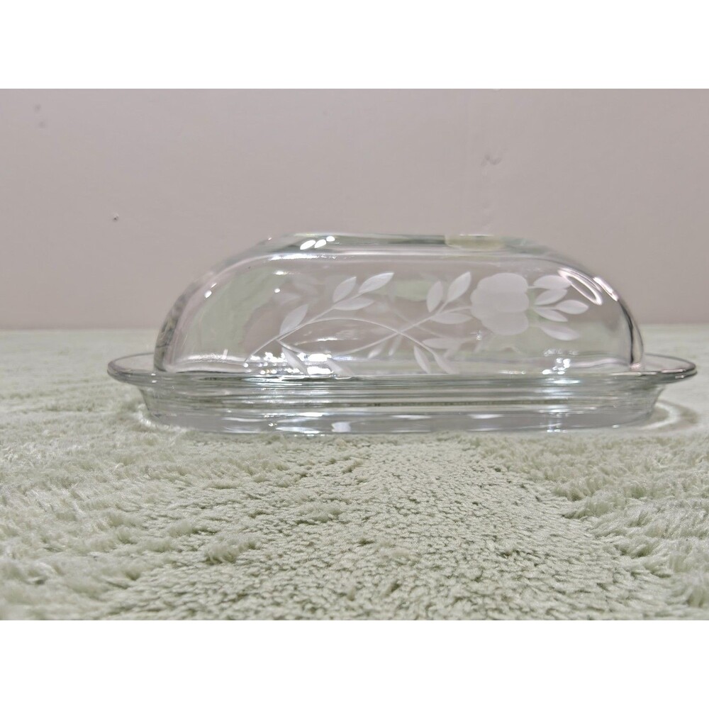 Vintage Princess House Fantasia Etched Glass Covered Butter Dish Tray USA Made
